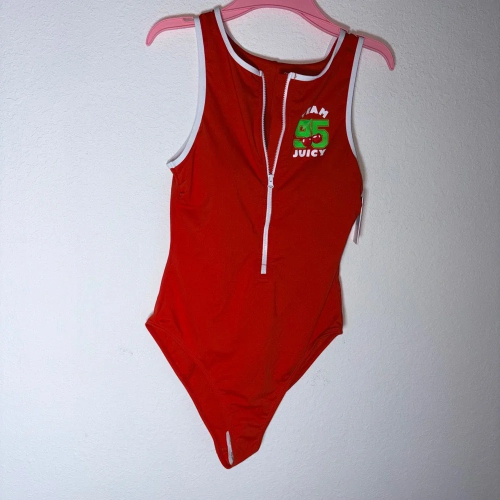 Juicy Couture One Piece Swimsuit medium Red NEW Team 95 Cherry Zip Front Sporty